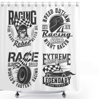 Personality  Car Racing Club, Motorsport Team T-shirt Retro Prints. Car Or Motorcycle Race Driver, Racer Modern And Vintage Helmet, Goggles, Checkered Flag And Tire Engraved Vector. Racetrack Driver Clothing Print Shower Curtains