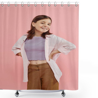 Personality  Joyful And Stylish Teenage Girl Posing With Hands On Hips And Smiling At Camera On Pink Backdrop Shower Curtains