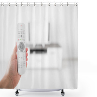 Personality  Hand Holding TV Remote Controller With A Modern Television Set. Shower Curtains