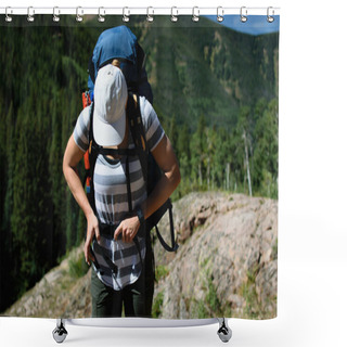 Personality  Female Hiker Putting On Backpack And Getting Ready For Hike Shower Curtains