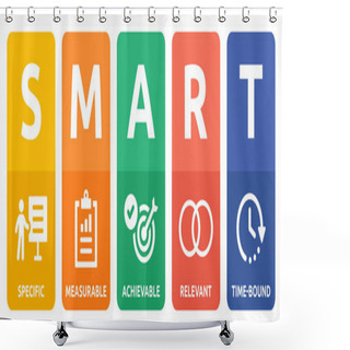 Personality  Smart Goal Setting Icon Banner Set. Containing Specific, Measurable, Achievable, Relevant And Time-bound Icon. Shower Curtains