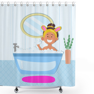 Personality  Vector Cartoon With Cheerfull Smiling Girl In Yellow Hand Band With Bunny Ears Taking A Bath Full Of Soap Foam. Blue Colored Room Interior And Mirrow On The Wall. Shower Curtains