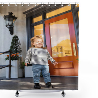 Personality  Satisfied Toddler Girl In Long Sleeve Shirt And Blue Jeans Standing Near House In Miami  Shower Curtains