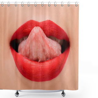 Personality  Cropped View Of Girl With Red Lipstick Licking Lips Isolated On White  Shower Curtains