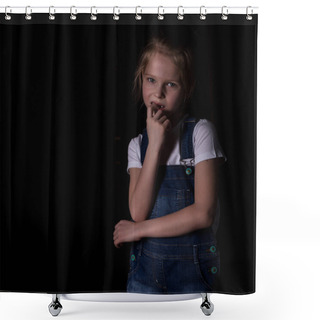 Personality  Beautiful Blonde Little Girl On A Dark Background. She Stands In Different Poses And Shows Different Emotions. Free Space For Your Text Shower Curtains
