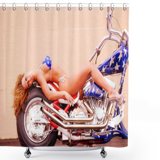 Personality  White Stars On Blue Background Skimpy String Thong Bikini On Buxom Brunette -  Chopper Motorcycle - Lots Of Chrome And Copy Space - Tone Butt Cheeks Backside Rear End Behind View Of Curved Buttocks Bottom - Landscape Shower Curtains
