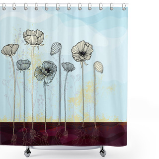 Personality  Hand Drawn Poppies With Roots Shower Curtains