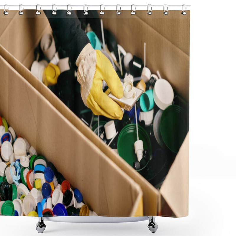 Personality  A Box Overflows With Cups Of Various Colors, Sorted By A Young Volunteer In Gloves And Safety Vest For Recycling. Shower Curtains