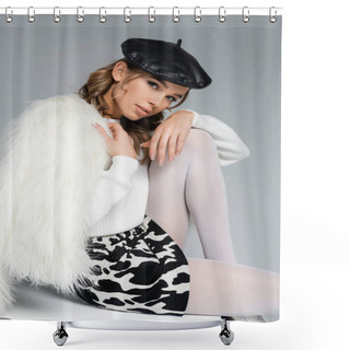 Personality  Young Woman In Beret, Faux Fur Jacket And Skirt With Animal Print Sitting On Cube Isolated On Grey Shower Curtains