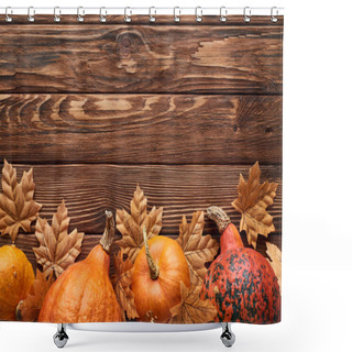 Personality  Top View Of Small Ripe Pumpkins On Brown Wooden Surface With Dry Autumn Leaves Shower Curtains
