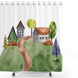 Personality  Cute Watercolor Illustration Of The Little Village On The Hill. Summer Street. European Landscape. Green Trees And Cute Houses. The Cartoon Style Of Illustration. Touristic Postcard. Hand-drawn Style. Buildings And Forest. Shower Curtains