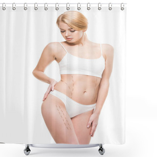 Personality  Young Woman In White Underwear Looking At Correcting Marks On Body Isolated On White Shower Curtains