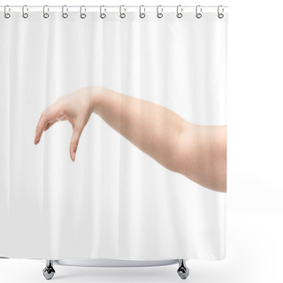 Personality  Cropped View Of Woman Showing Hold Gesture Isolated On White Shower Curtains