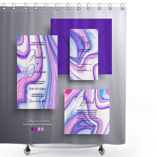 Personality  Set Of Acrylic Wedding Invitations With Stone Texture. Agate Vector Cards With Marble Effect And Swirling Paints, Blue, Pink And White Colors. Designed For Posters, Packaging And Etc. Shower Curtains
