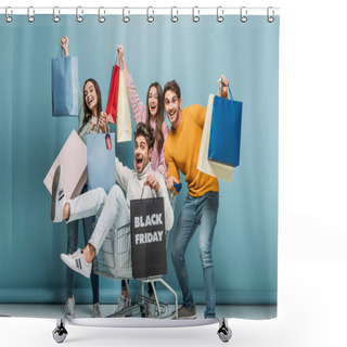 Personality  Excited Friends Having Fun With Shopping Bags In Shopping Cart On Black Friday, On Blue Shower Curtains