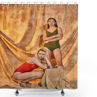Personality  Full Length Of Interracial Women In Trendy Swimsuits Posing On Beige Background With Drapery, Style Shower Curtains