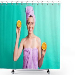 Personality  Photo Of Young Attractive Lady Hold Orange Slices Healthy Eating Way Life Wear Violet Towels Isolated Teal Color Background Shower Curtains