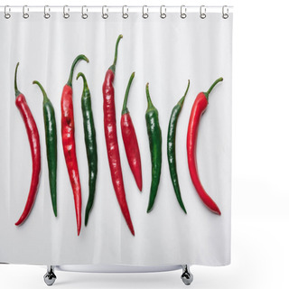 Personality  Top View Of Red And Green Chili Peppers In Row On White Marble Tabletop Shower Curtains