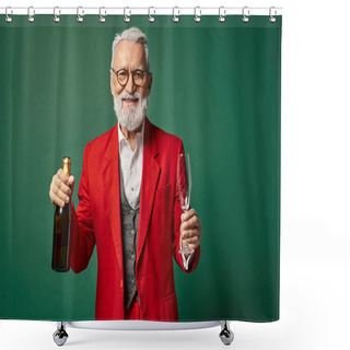 Personality  Jolly Santa With White Beard Posing With Champagne And Flute Glass On Green Backdrop, Winter Concept Shower Curtains