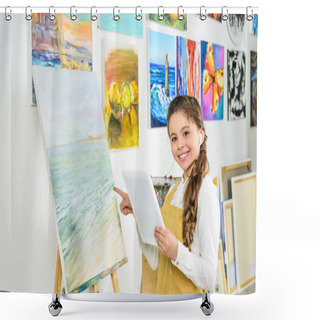 Personality  Smiling Child Standing With Tablet In Workshop Of Art School And Pointing On Canvas Shower Curtains