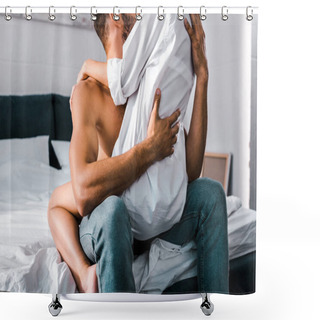 Personality  Cropped Shot Of Young Woman Sitting On Boyfriend In Bedroom Shower Curtains