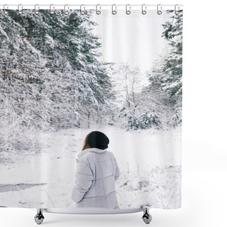 Personality  Rear View Of Woman Walking In Snowy Forest Shower Curtains