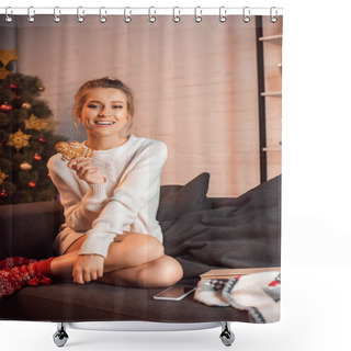 Personality  Beautiful Laughing Young Blonde Woman Sitting On Couch, Looking At Camera And Holding Gingerbread Cookie At Christmas Time Shower Curtains