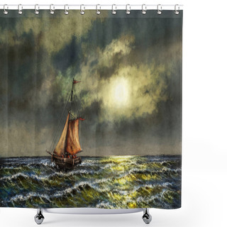 Personality  Digital Oil Paintings Sea Landscape,  Fishing Boat, Old Ship In The Night Sky, Boat  Over The Moon Shower Curtains