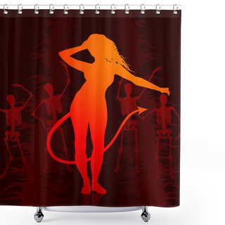 Personality  Sexy Devil Woman On Dark Internet Background With Skeletons Shower Curtains