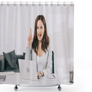 Personality  Excited Young Secretary Showing Idea Sign While Sitting At Workplace In Office Shower Curtains