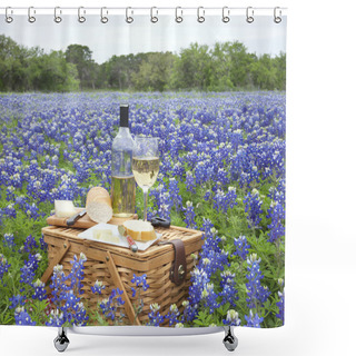 Personality  Picnic Basket With Wine, Cheese And Bread In A Texas Hill Countr Shower Curtains
