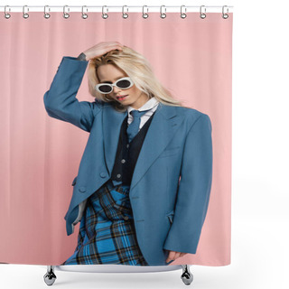Personality  Young Woman In Blue Outfit And Sunglasses Adjusting Blonde Hair Isolated On Pink Shower Curtains