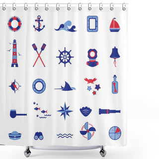 Personality  Vector Set Of Icons On The Theme Of The Sea, Navigation, Sea Travel. Nautical Illustration Of Objects Of Navigation, Seafaring Shower Curtains