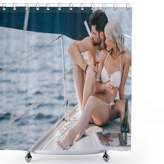 Personality  Young Couple In Swimwear Sitting With Champagne Glasses On Yacht  Shower Curtains