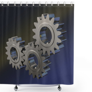 Personality  Three Nickel Gears Meshing Together With Blue Colored Background Shower Curtains