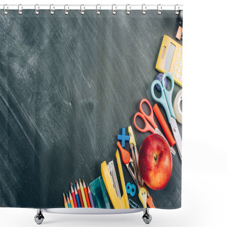Personality  Top View Of Ripe Apple And School Stationery On Black Chalkboard With Copy Space Shower Curtains