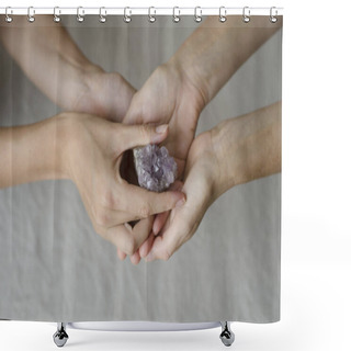 Personality  Womans Hands Giving An Amethyst Crystal In Another Womans Hands In Healing Gesture. Shower Curtains