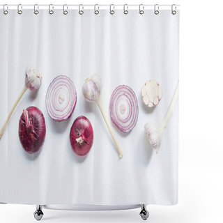 Personality  Top View Of Cut And Whole Red Onion And Garlic On White Background Shower Curtains