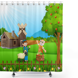 Personality  Vector Illustration Of The Farmers Happy Work In The Farm Shower Curtains