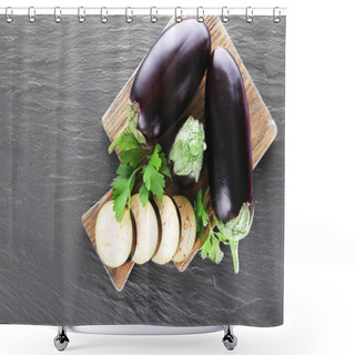 Personality  Fresh Eggplant On Cutting Board On Wooden Table, Top View Shower Curtains