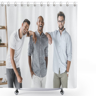 Personality  Multiethnic Group Of Young Smiling Businessmen Standing In Light Office Shower Curtains