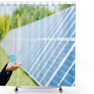 Personality  Cropped View Of Woman Holding Solar Battery Model Outside  Shower Curtains
