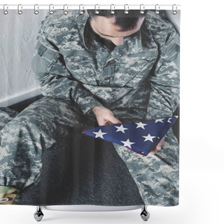 Personality  High Angle View Of Depressed Man In Military Uniform Sitting On Floor In Corner And Holding Usa National Flag Shower Curtains