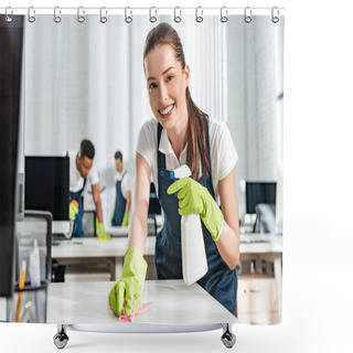 Personality  Selective Focus Of Smiling Cleaner Washing Office Desk With Rag Shower Curtains