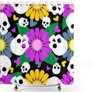 Personality  Geometric Seamless Pattern With The Image Of Skulls, Multi-colored Flowers, Hearts. Mexican Day Of The Dead. Shower Curtains