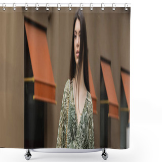 Personality  Stylish Woman With Brunette Long Hair In Trendy Outfit With Cropped Blouse And Handbag On Chain Strap Standing Near Blurred Building On Urban Street In Istanbul, Banner  Shower Curtains