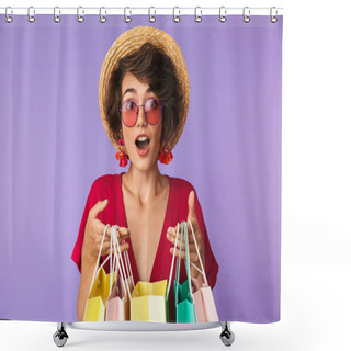 Personality  Image Of Excited Brunette Woman 20s In Straw Hat Holding Colorful Paper Shopping Bags Isolated Over Violet Background Shower Curtains