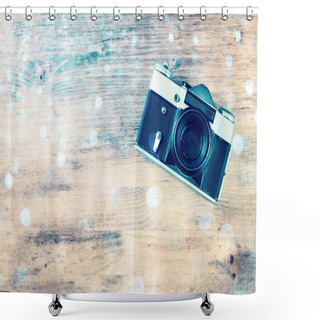 Personality  Vintage Old Camera On Brown Wooden Background. Room For Text. Shower Curtains