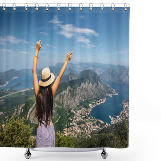 Personality  Back View Of Woman Standing With Raised Hands And Looking At Kotor Bay And Kotor Town In Montenegro Shower Curtains