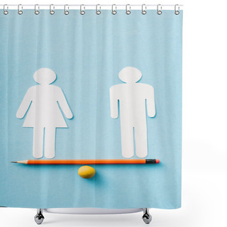 Personality  Paper Figures Of Couple As Gender Equality On Pencil With Ball Isolated On Blue, Sexual Equality Concept  Shower Curtains